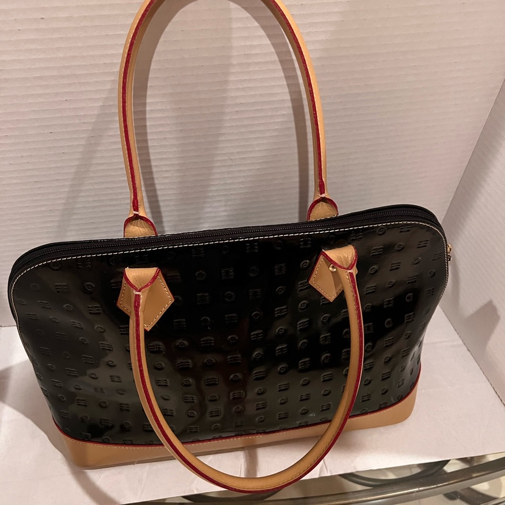 Arcadia Black Patent Leather handbag with red trim